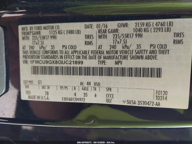 Продажа на аукционе авто 2016 Ford Escape Se, vin: 1FMCU9GX8GUC21899, номер лота: 45765372