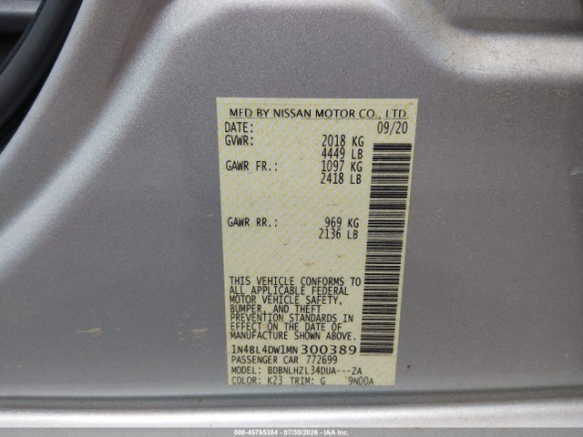 45765384 :رقم المزاد ، 1N4BL4DW1MN300389 vin ، 2021 Nissan Altima Sv Intelligent Awd مزاد بيع