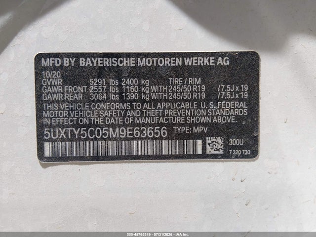 2021 Bmw X3 Xdrive30i მანქანა იყიდება აუქციონზე, vin: 5UXTY5C05M9E63656, აუქციონის ნომერი: 45765389