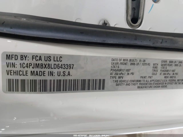 Продажа на аукционе авто 2020 Jeep Cherokee Trailhawk 4x4, vin: 1C4PJMBX8LD643397, номер лота: 45765397
