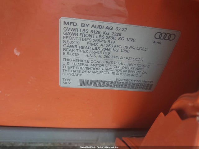 Aukcja sprzedaży 2022 Audi Q3 Premium Plus 45 Tfsi S Line Quattro Tiptronic, vin: WA1EECF35N1148960, numer aukcji: 45765398