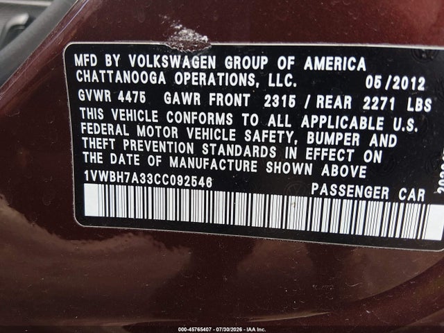 Aukcja sprzedaży 2012 Volkswagen Passat 2.5l Se, vin: 1VWBH7A33CC092546, numer aukcji: 45765407