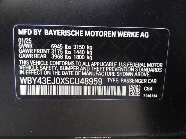 45765428 :رقم المزاد ، WBY43EJ0XSCU48959 vin ، 2025 Bmw I7 Edrive50 مزاد بيع