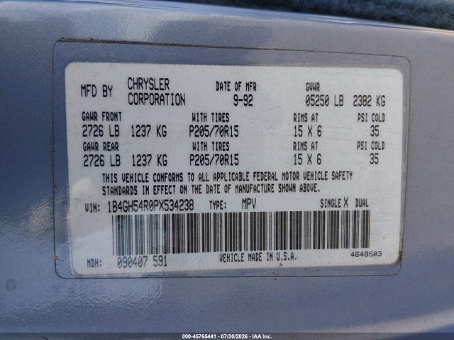 Продаж на аукціоні авто 1993 Dodge Grand Caravan Le/es, vin: 1B4GH54R0PX534238, номер лоту: 45765441