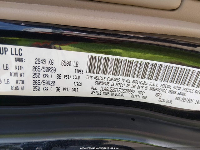 Aukcja sprzedaży 2015 Jeep Grand Cherokee Limited, vin: 1C4RJEBG1FC629687, numer aukcji: 45765448