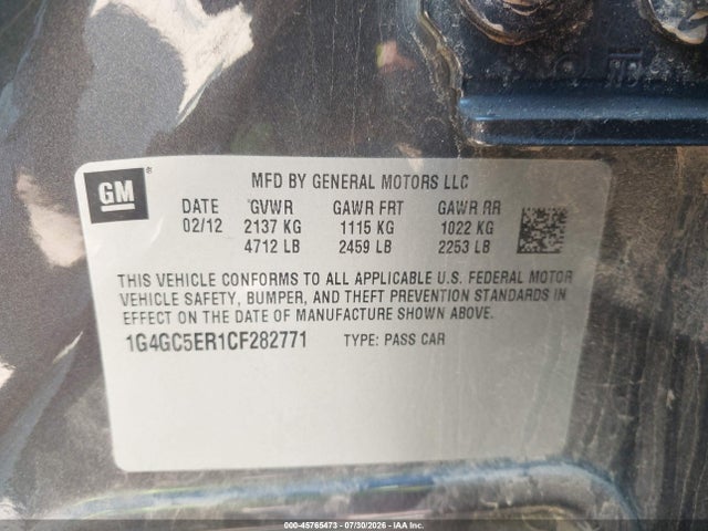 Aukcja sprzedaży 2012 Buick Lacrosse Leather Group, vin: 1G4GC5ER1CF282771, numer aukcji: 45765473