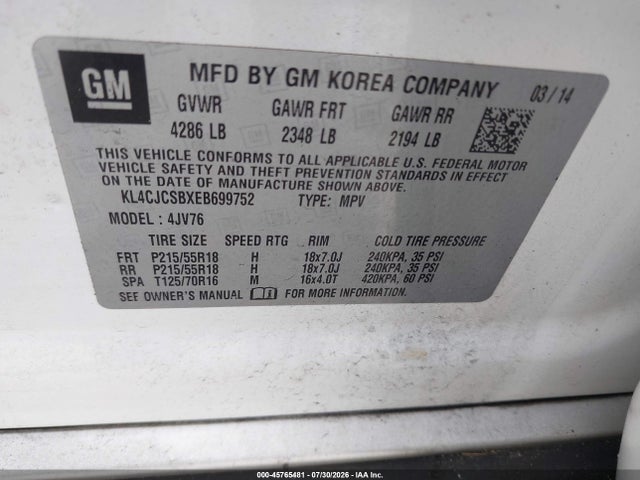 45765481 :رقم المزاد ، KL4CJCSBXEB699752 vin ، 2014 Buick Encore Leather مزاد بيع
