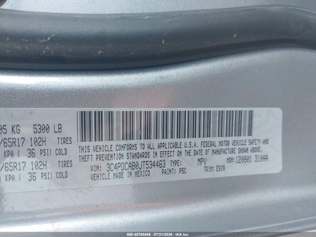 45765489 :رقم المزاد ، 3C4PDCAB0JT534463 vin ، 2018 Dodge Journey Se مزاد بيع