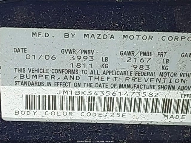 Продаж на аукціоні авто 2006 Mazda Mazda3 S Touring, vin: JM1BK343561473582, номер лоту: 45765520
