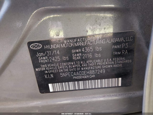 2014 Hyundai Sonata Limited მანქანა იყიდება აუქციონზე, vin: 5NPEC4AC0EH887249, აუქციონის ნომერი: 45765527