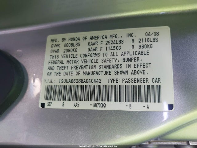 Aukcja sprzedaży 2008 Acura Tl 3.2, vin: 19UUA66288A040442, numer aukcji: 45765532