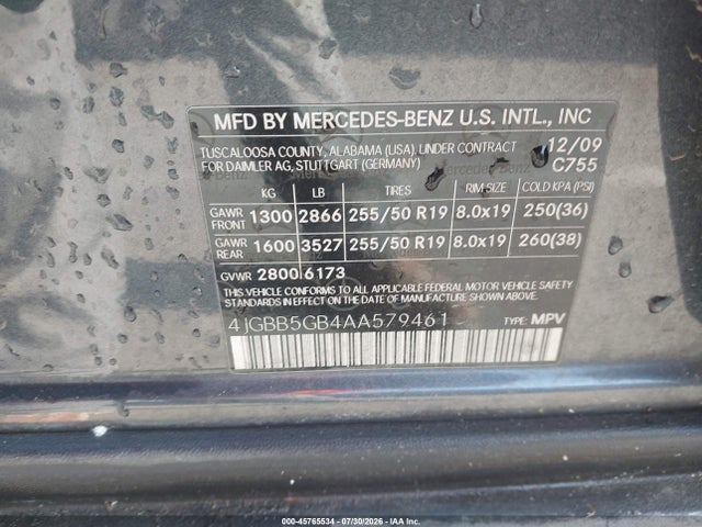 45765534 :رقم المزاد ، 4JGBB5GB4AA579461 vin ، 2010 Mercedes-benz Ml 350 مزاد بيع