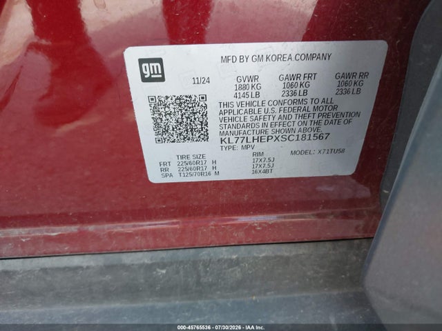 Продажа на аукционе авто 2025 Chevrolet Trax Fwd Lt, vin: KL77LHEPXSC181567, номер лота: 45765536
