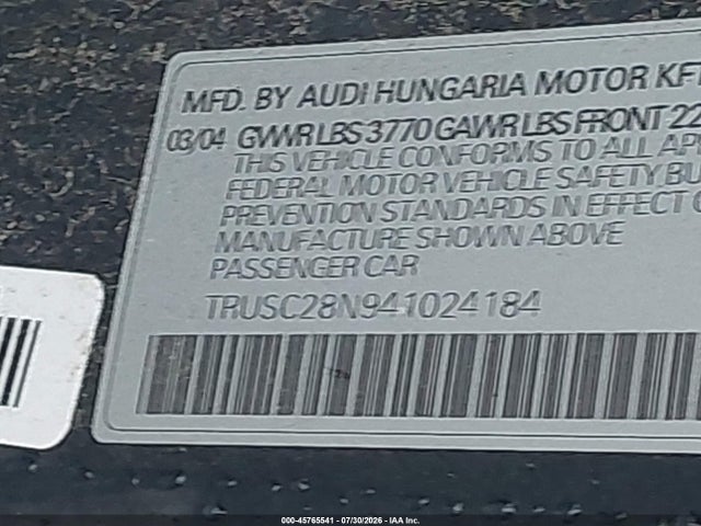 Aukcja sprzedaży 2004 Audi Tt 1.8l, vin: TRUSC28N941024184, numer aukcji: 45765541