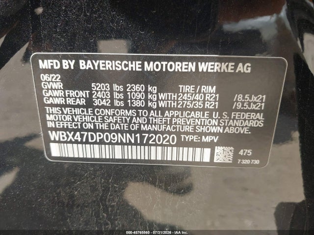 45765560 :رقم المزاد ، WBX47DP09NN172020 vin ، 2022 Bmw X3 Sdrive30i مزاد بيع