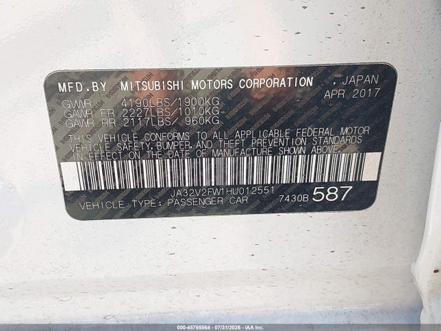 Продажа на аукционе авто 2017 Mitsubishi Lancer Se, vin: JA32V2FW1HU012551, номер лота: 45765564