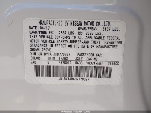 Продажа на аукционе авто 2017 Infiniti Q70 3.7x, vin: JN1BY1AR4HM770827, номер лота: 45765565