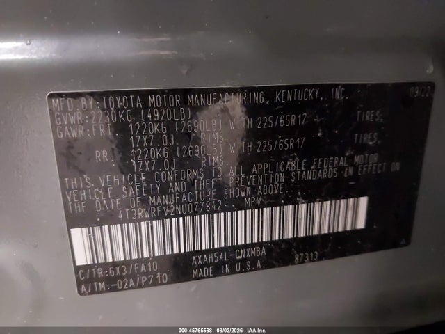 Aukcja sprzedaży 2022 Toyota Rav4 Hybrid Xle, vin: 4T3RWRFV2NU077842, numer aukcji: 45765568