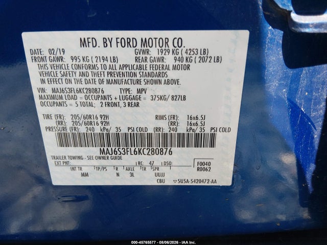 Продажа на аукционе авто 2019 Ford Ecosport S, vin: MAJ6S3FL6KC280876, номер лота: 45765577