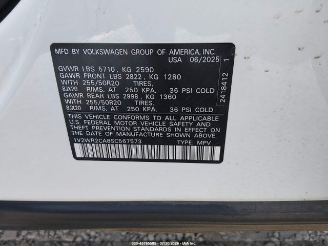 Продажа на аукционе авто 2025 Volkswagen Atlas 2.0t Se W/technology, vin: 1V2WR2CA8SC567573, номер лота: 45765585