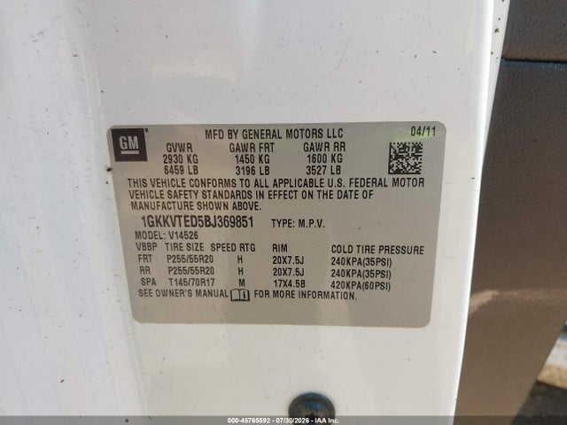 Aukcja sprzedaży 2011 Gmc Acadia Denali, vin: 1GKKVTED5BJ369851, numer aukcji: 45765592
