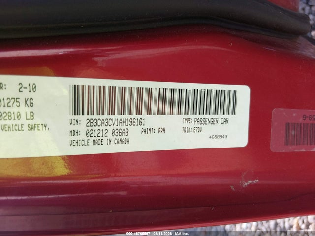 45765597 :رقم المزاد ، 2B3CA3CV1AH196161 vin ، 2010 Dodge Charger Sxt مزاد بيع