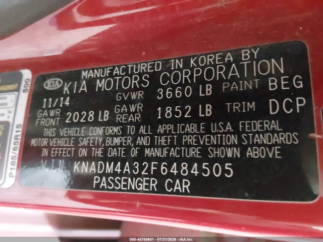 2015 Kia Rio Lx მანქანა იყიდება აუქციონზე, vin: KNADM4A32F6484505, აუქციონის ნომერი: 45765601