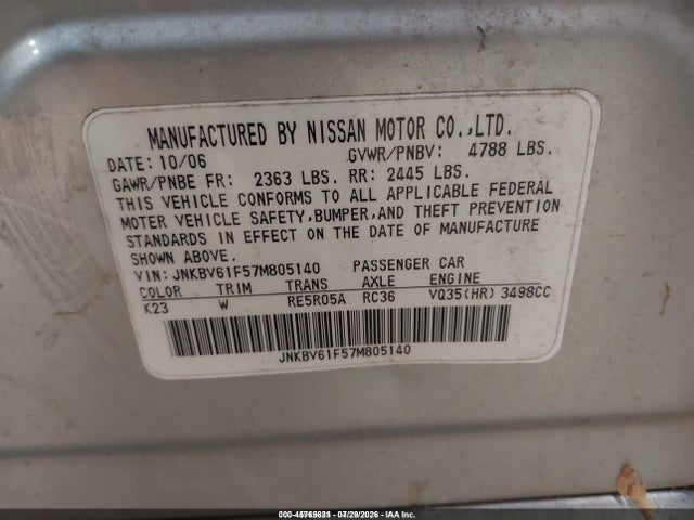 Продаж на аукціоні авто 2007 Infiniti G35x, vin: JNKBV61F57M805140, номер лоту: 45765621