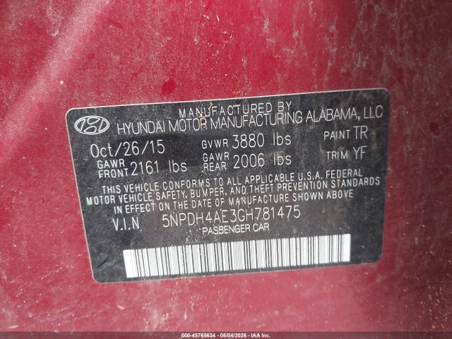 45765634 :رقم المزاد ، 5NPDH4AE3GH781475 vin ، 2016 Hyundai Elantra Se مزاد بيع