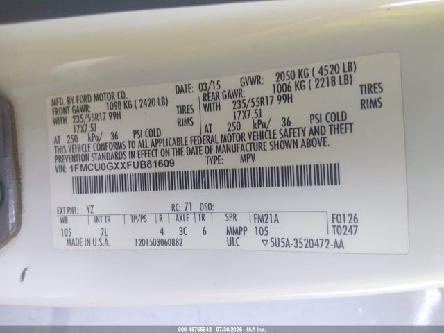 Ford ESCAPE SE 2015 1FMCU0GXXFUB81609 Image 9