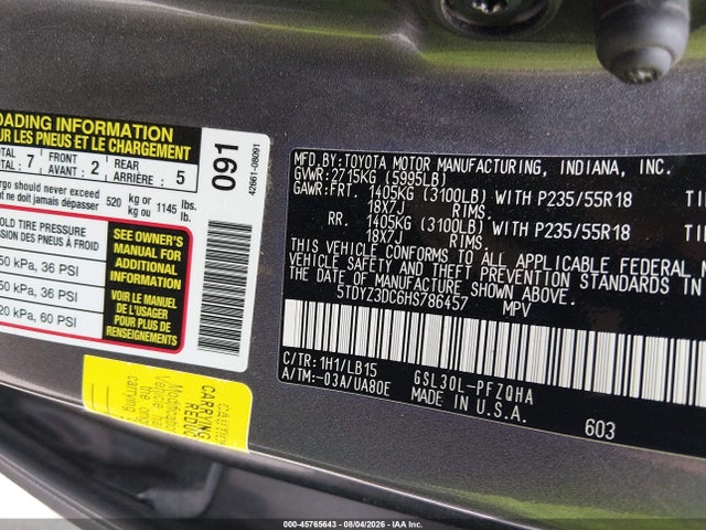5TDYZ3DC6HS786457 Toyota Sienna Limited Premium 7 Passenger