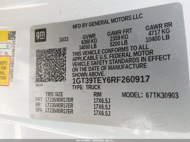 45765645 :رقم المزاد ، 1GT39TEY6RF260917 vin ، 2024 Gmc Sierra 3500hd مزاد بيع