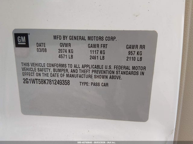45765648 :رقم المزاد ، 2G1WT58K781249358 vin ، 2008 Chevrolet Impala Lt مزاد بيع