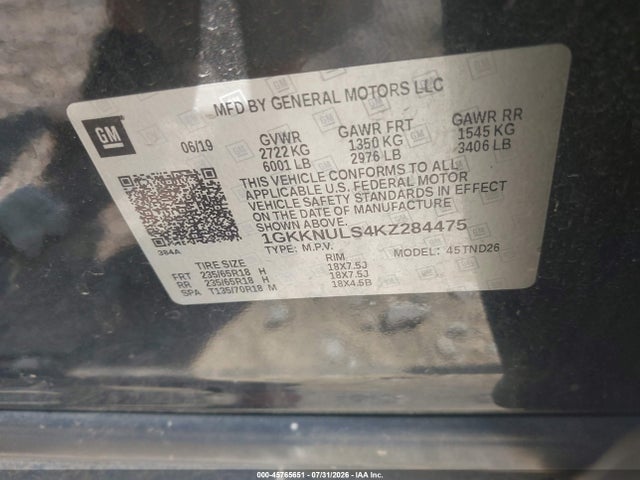 Auction sale of the 2019 Gmc Acadia Slt-1, vin: 1GKKNULS4KZ284475, lot number: 45765651
