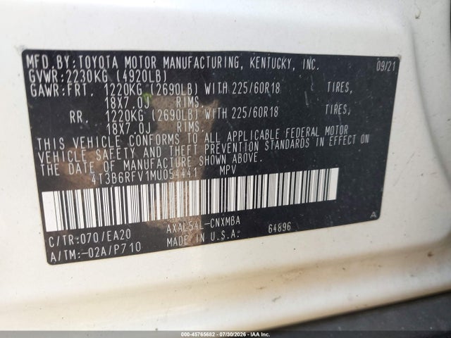 4T3B6RFV1MU054441 Toyota Rav4 Hybrid Xle Premium
