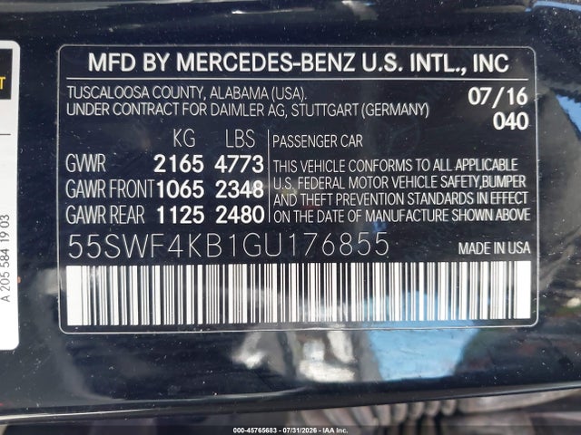 Auction sale of the 2016 Mercedes-benz C 300 Sport 4matic, vin: 55SWF4KB1GU176855, lot number: 45765683