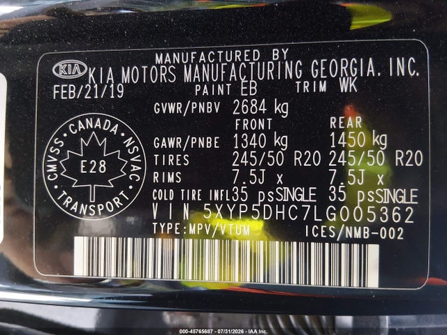 2020 Kia Telluride Sx მანქანა იყიდება აუქციონზე, vin: 5XYP5DHC7LG005362, აუქციონის ნომერი: 45765687