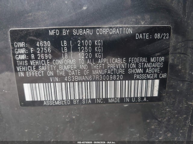 Aukcja sprzedaży 2024 Subaru Legacy Limited, vin: 4S3BWAN67R3009820, numer aukcji: 45765689