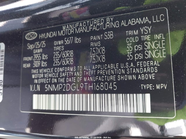 2026 Hyundai Santa Fe Sel მანქანა იყიდება აუქციონზე, vin: 5NMP2DGL9TH168045, აუქციონის ნომერი: 45765694