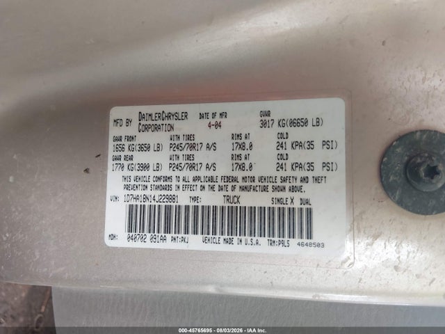 45765695 :رقم المزاد ، 1D7HA18N14J229881 vin ، 2004 Dodge Ram 1500 St مزاد بيع