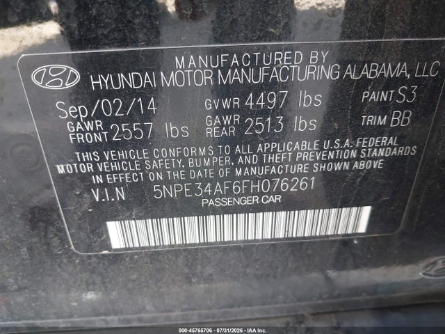 Aukcja sprzedaży 2015 Hyundai Sonata Sport, vin: 5NPE34AF6FH076261, numer aukcji: 45765706