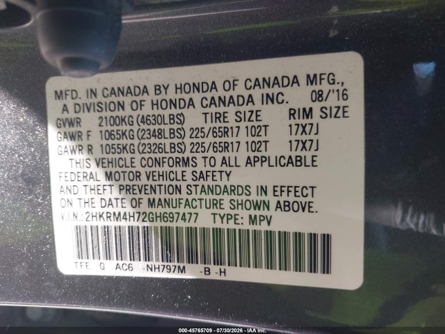 Aukcja sprzedaży 2016 Honda Cr-v Ex-l, vin: 2HKRM4H72GH697477, numer aukcji: 45765709