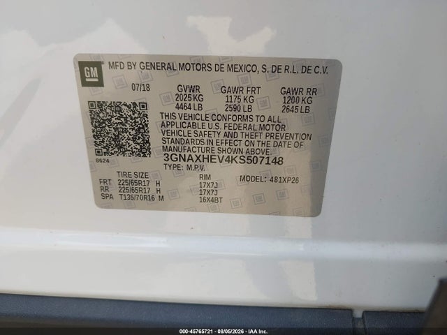 Продажа на аукционе авто 2019 Chevrolet Equinox Ls, vin: 3GNAXHEV4KS507148, номер лота: 45765721