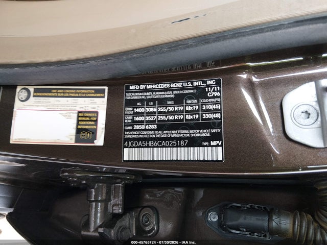 45765724 :رقم المزاد ، 4JGDA5HB6CA025187 vin ، 2012 Mercedes-benz Ml 350 4matic مزاد بيع
