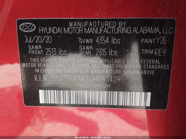 Продажа на аукционе авто 2020 Hyundai Sonata Sel, vin: 5NPEF4JA5LH060429, номер лота: 45765726