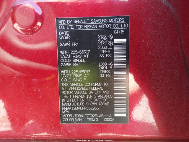 Nissan ROGUE SV 2015 KNMAT2MV8FP552956 Image 9