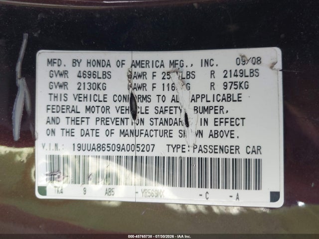 45765738 :رقم المزاد ، 19UUA86509A005207 vin ، 2009 Acura Tl 3.5 مزاد بيع