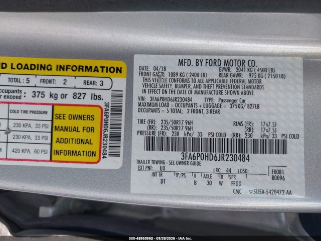 45765742 :رقم المزاد ، 3FA6P0HD6JR230484 vin ، 2018 Ford Fusion Se مزاد بيع