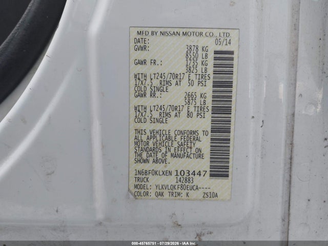 Продаж на аукціоні авто 2014 Nissan Nv Cargo Nv1500 S V6, vin: 1N6BF0KLXEN103447, номер лоту: 45765751