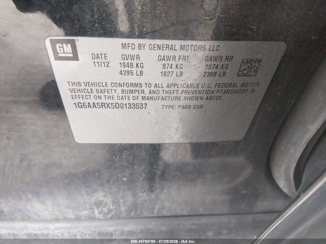 45765760 :رقم المزاد ، 1G6AA5RX5D0133537 vin ، 2013 Cadillac Ats Standard مزاد بيع